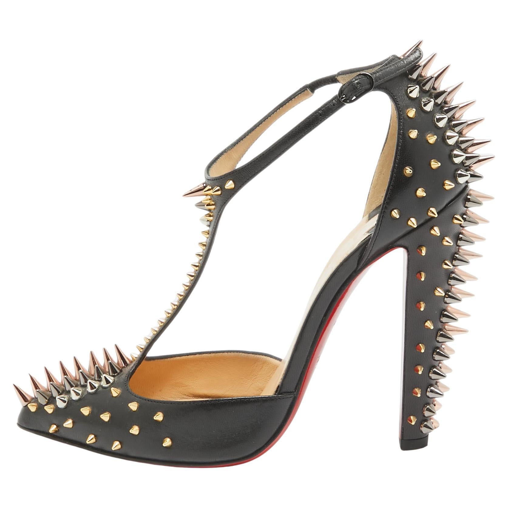 Christian Louboutin Black Leather Goldostrap Spike Pumps Size 37 For Sale