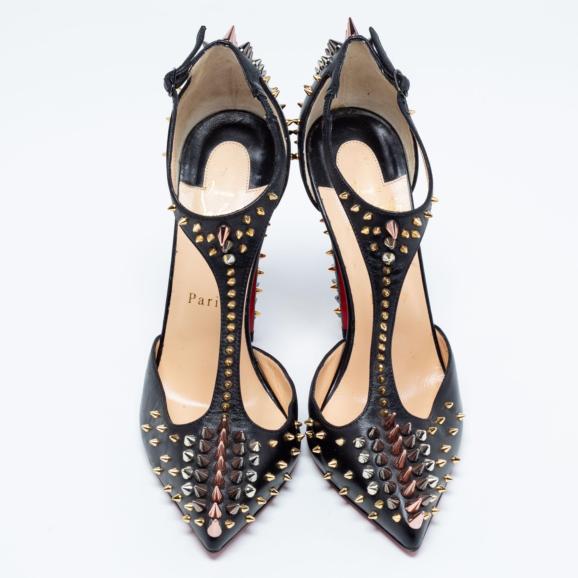 Highly fashionable and edgy, this pair of Christian Louboutin pumps is striking with stud embellishments. It is carfted from leather with a T-strap, gunmetal-tone hardware, and 12cm heels. The signature red-lacquered soles will reflect luxury in