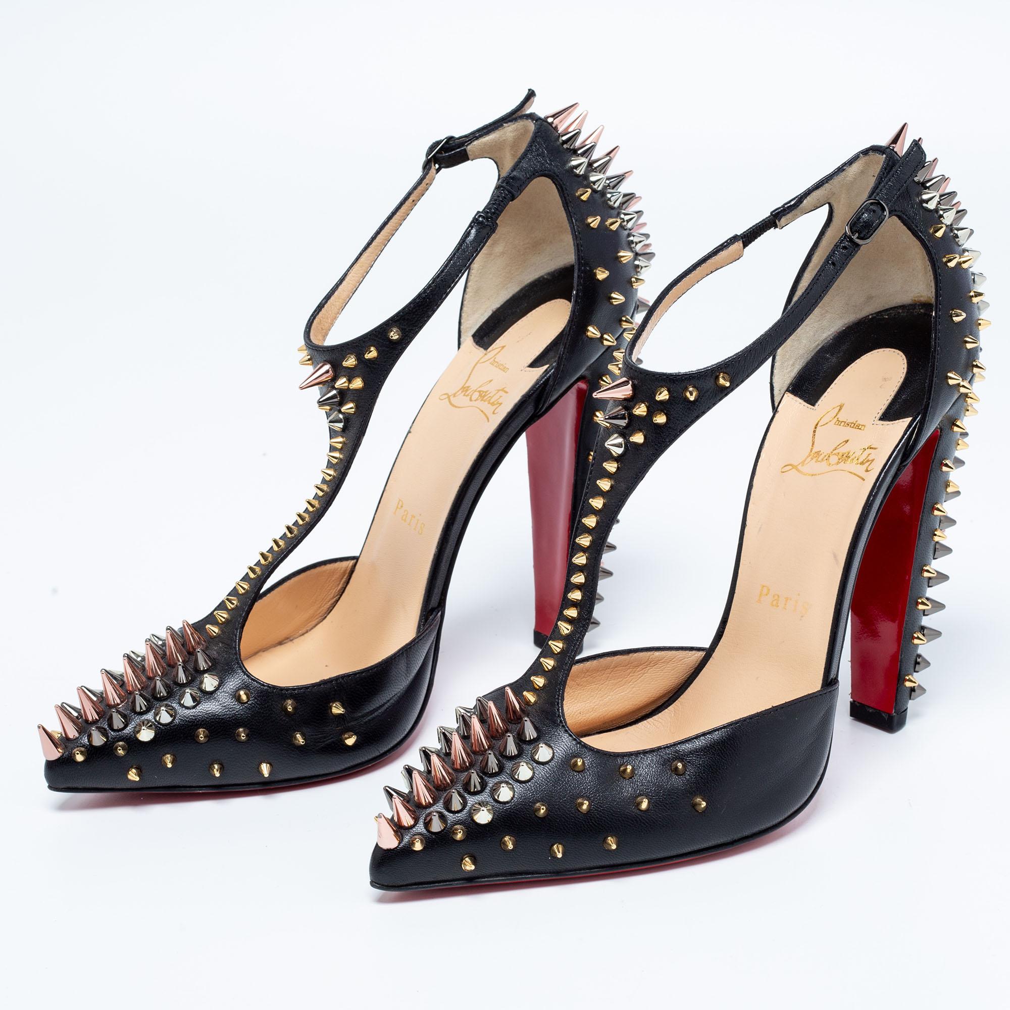 Women's Christian Louboutin Black Leather Goldostrap Spiked Pumps Size 39.5
