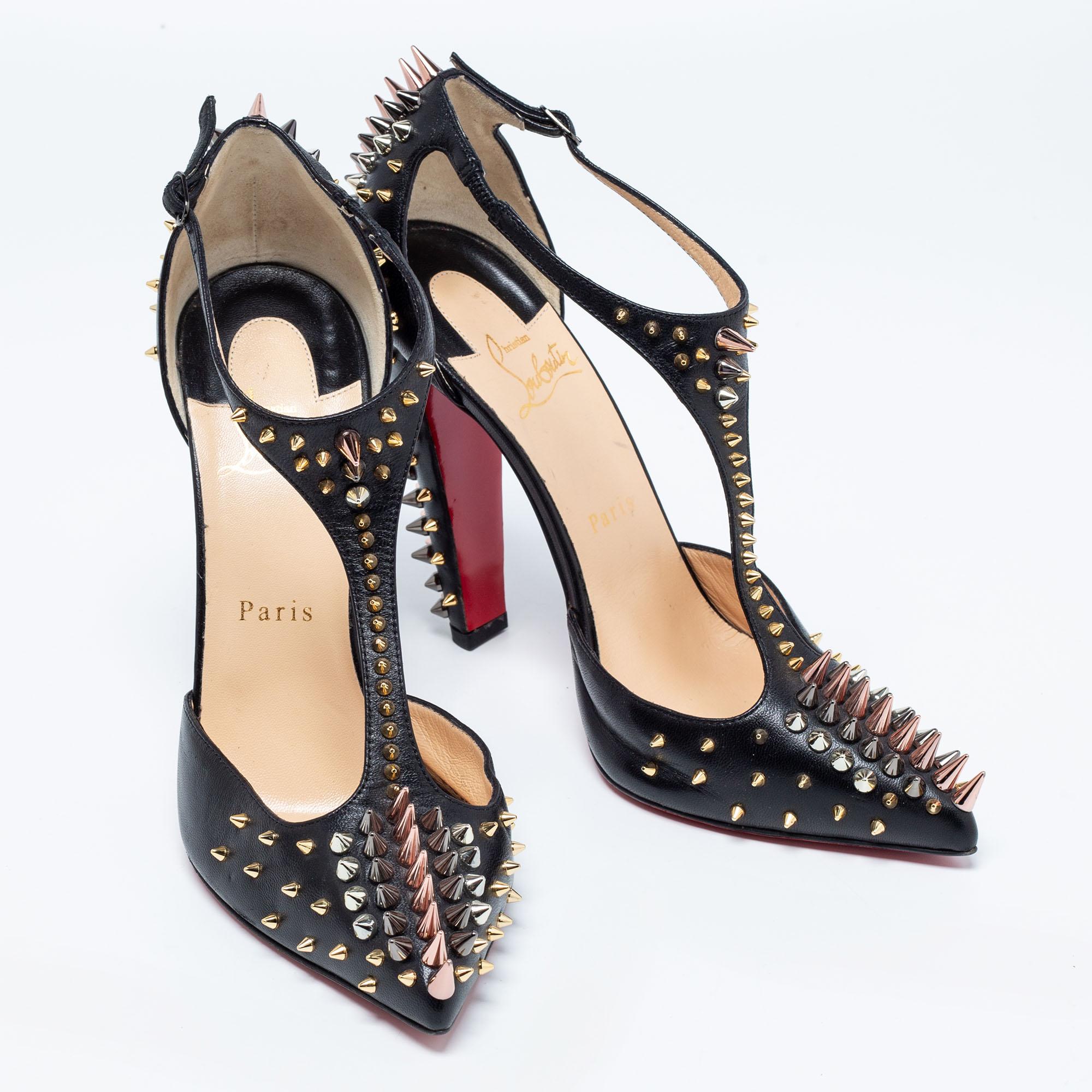 Christian Louboutin Black Leather Goldostrap Spiked Pumps Size 39.5 1