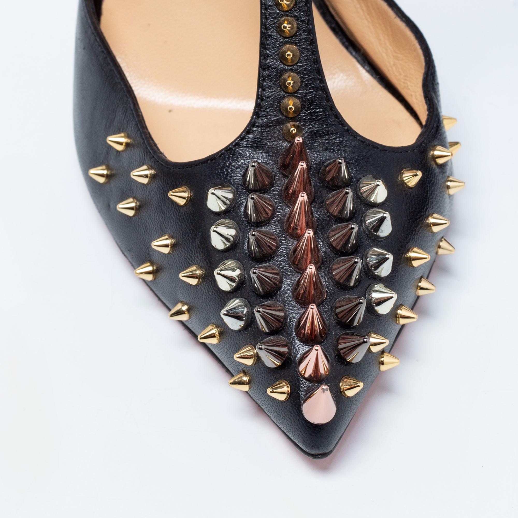Christian Louboutin Black Leather Goldostrap Spiked Pumps Size 39.5 2