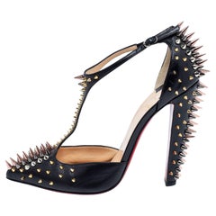 Christian Louboutin Black Leather Goldostrap Spiked Pumps Size 39.5