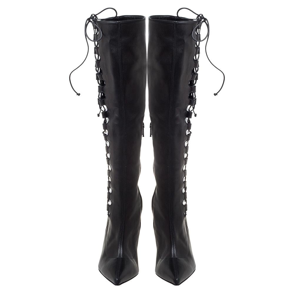 Women's Christian Louboutin Black Leather Goulue High Boots Size 37