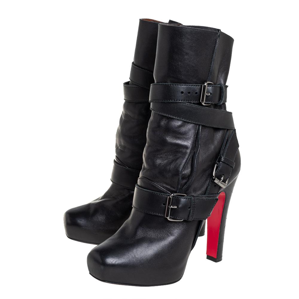 Women's Christian Louboutin Black Leather Guerriere Platform Ankle Boots Size 37.5