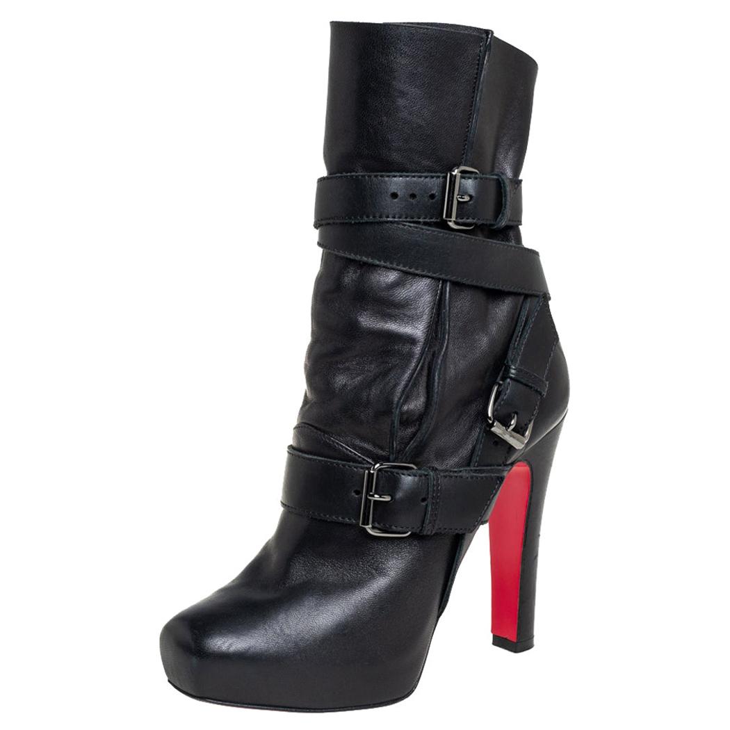 Christian Louboutin Black Leather Guerriere Platform Ankle Boots Size 37.5