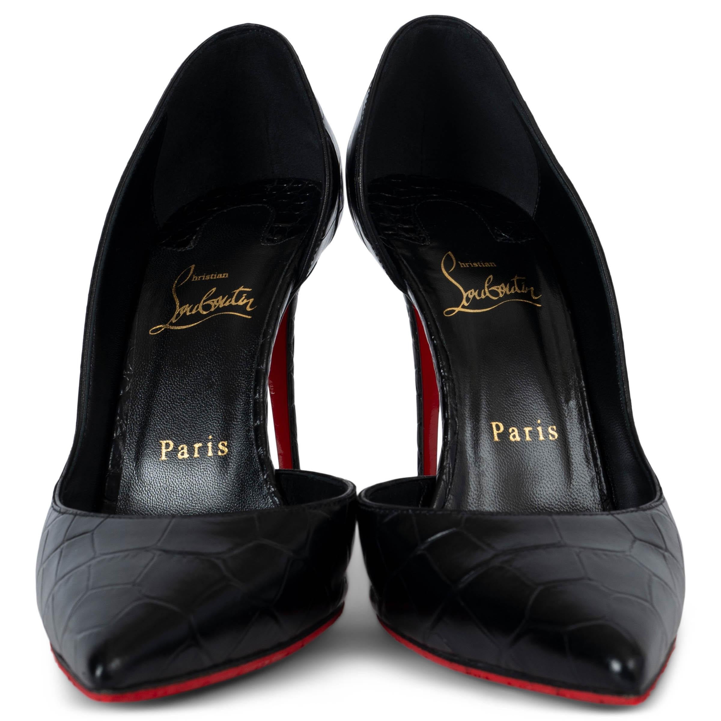 100% authentic Christian Louboutin Irizia 100 pointed-toe black croco embossed leather pumps. Have been worn once and are in virtually new condition. 

Measurements
Imprinted Size	39
Shoe Size	39
Inside Sole	27cm (10.5in)
Width	7.5cm