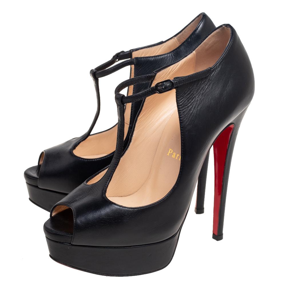 Christian Louboutin Black Leather Jilopa T Strap Platform Pumps Size 36.5 In Good Condition In Dubai, Al Qouz 2