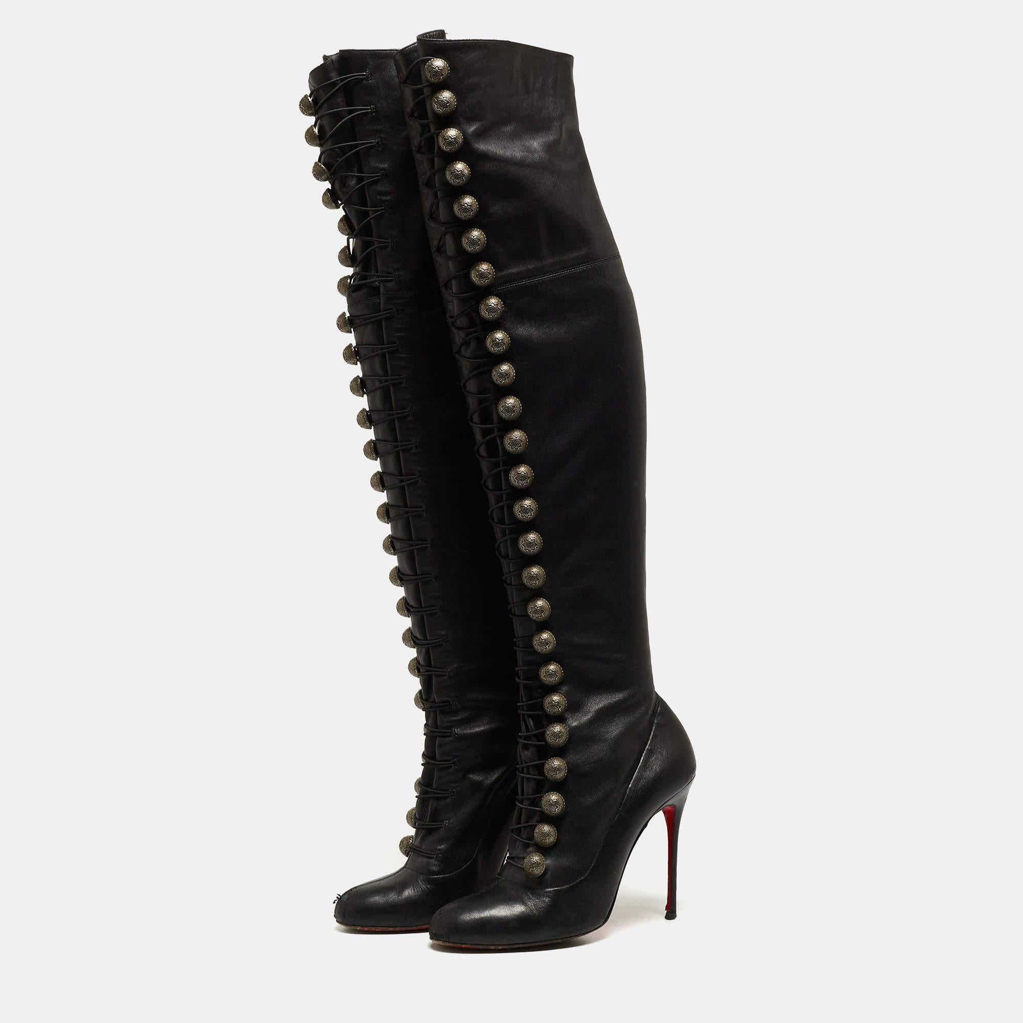 Christian Louboutin Black Leather Knee Length Boots Size 40 For Sale 3