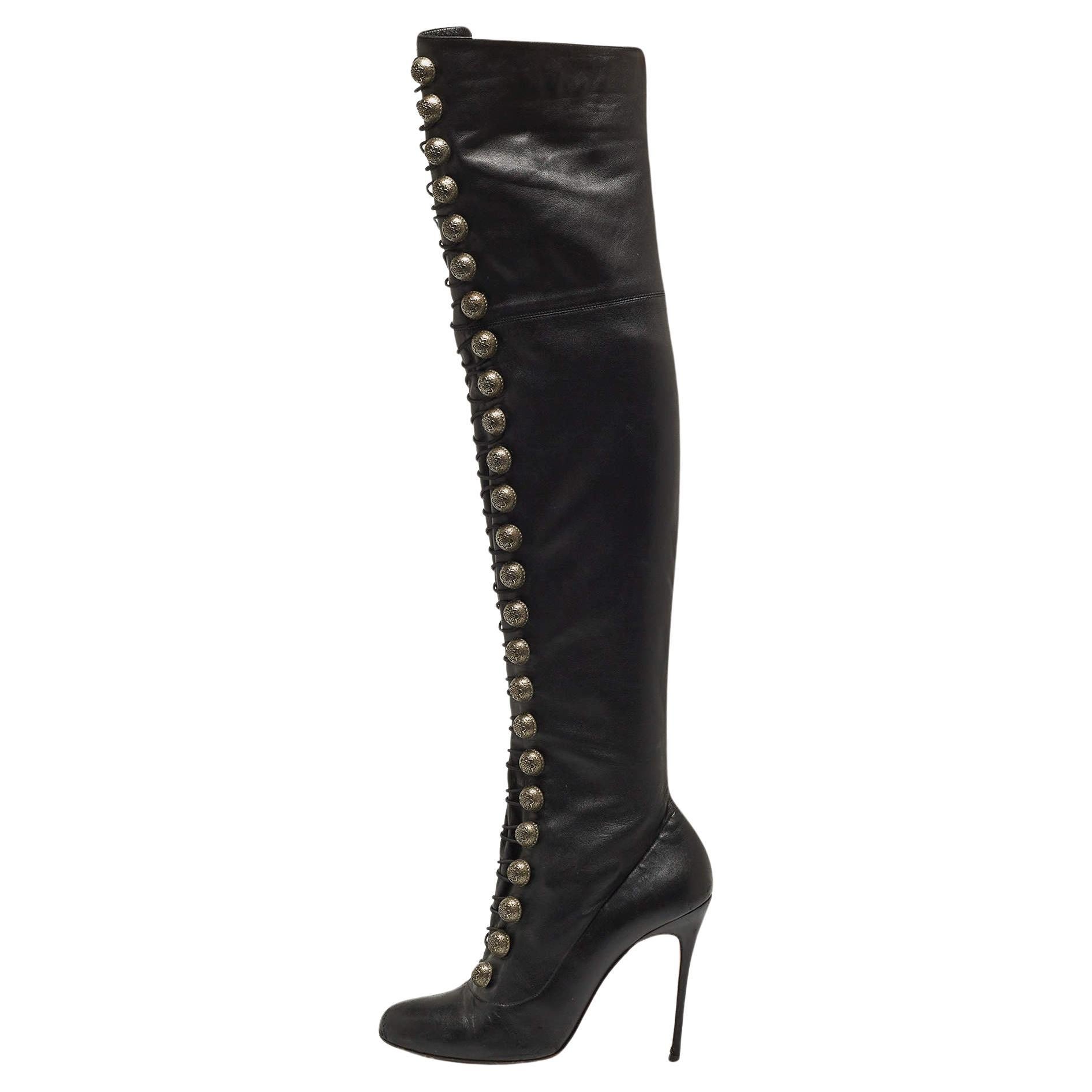 Christian Louboutin Black Leather Knee Length Boots Size 40 For Sale