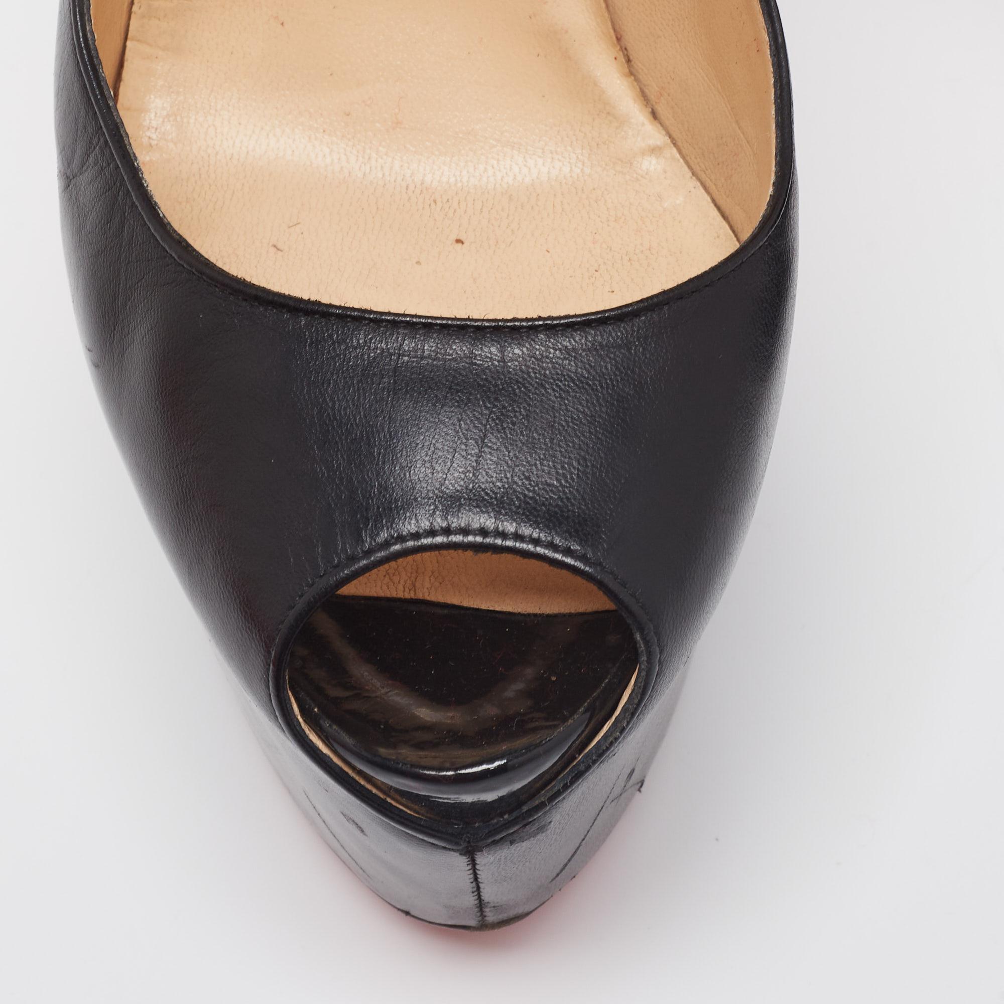 Women's Christian Louboutin Black Leather Lady Daf Peep-Toe Pumps Size 38.5