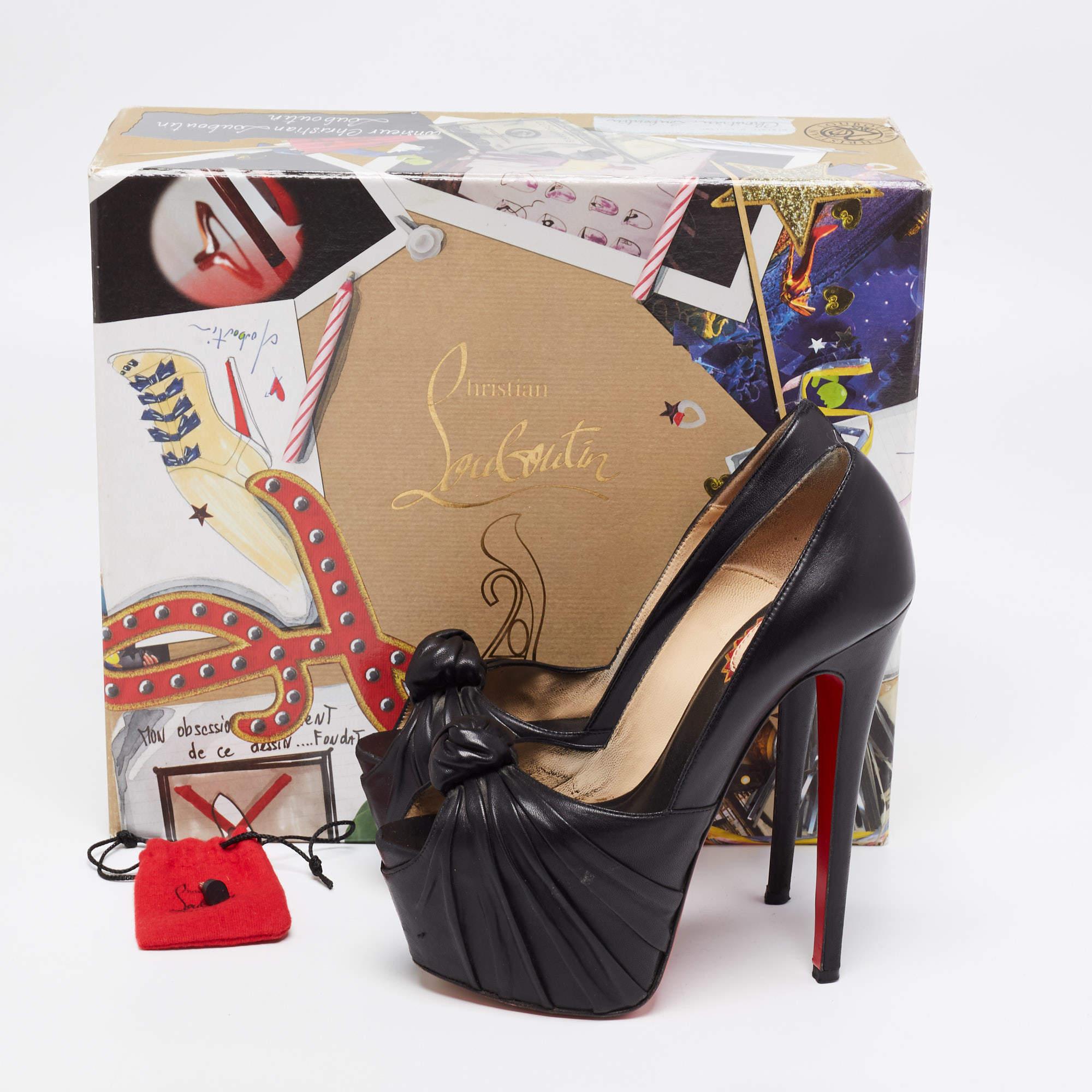 Christian Louboutin Black Leather Lady Gres Knotted 20th Anniversary Peep-Toe Pl For Sale 6
