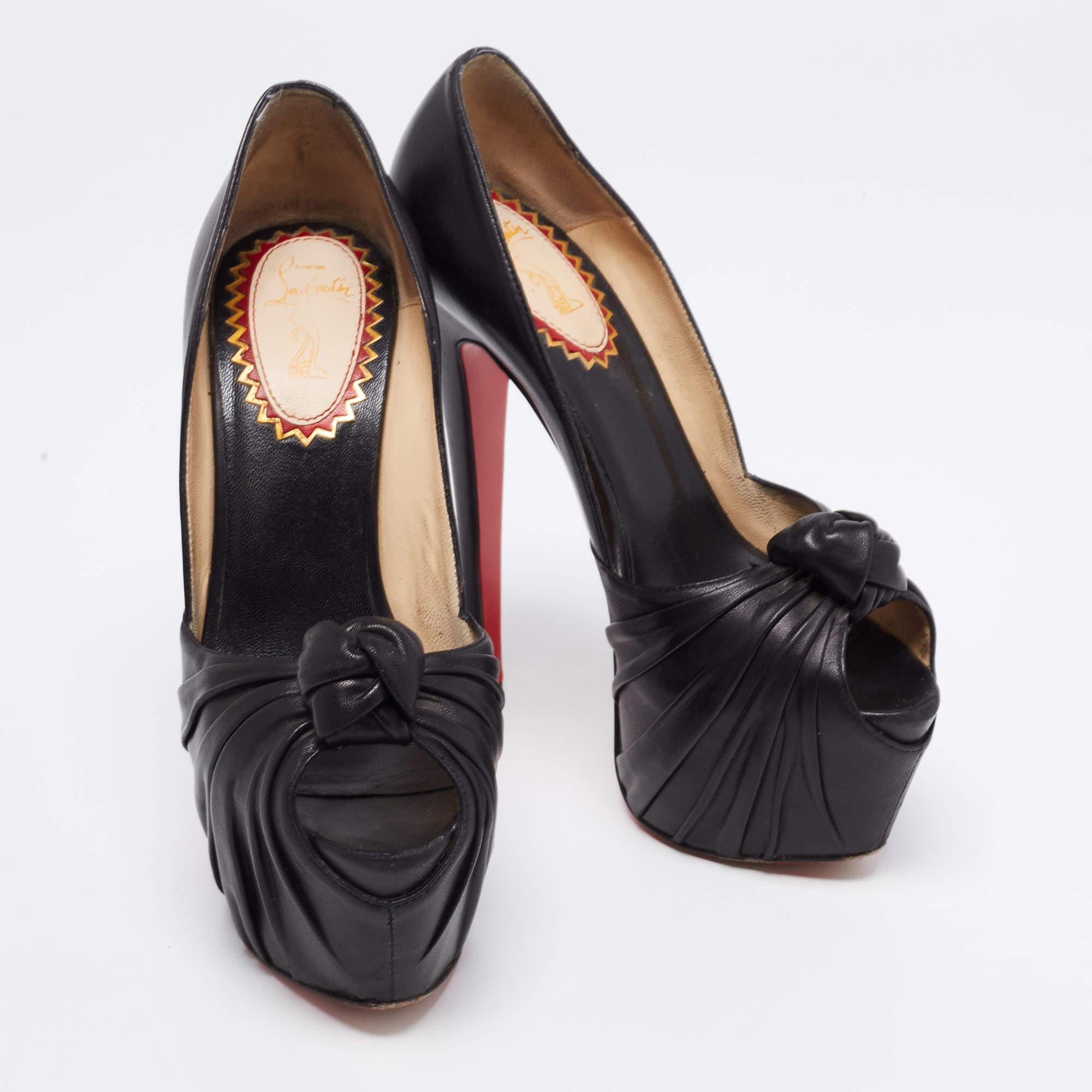 Christian Louboutin Black Leather Lady Gres Knotted 20th Anniversary Peep-Toe Pl For Sale 1