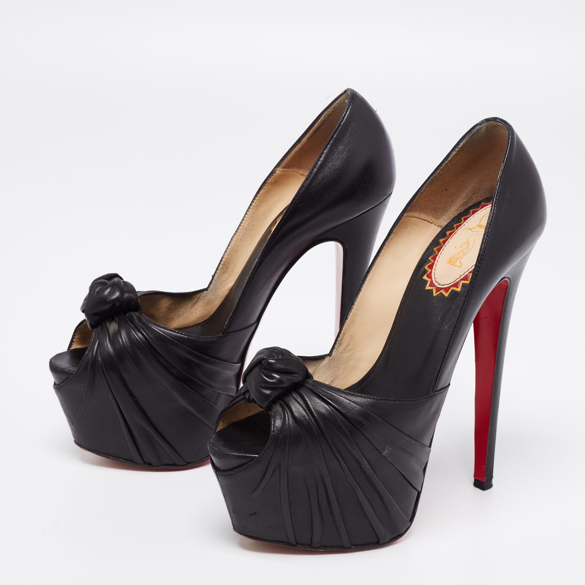 Women's Christian Louboutin Black Leather Lady Gres Peep-Toe Platform Pumps Size 37 For Sale