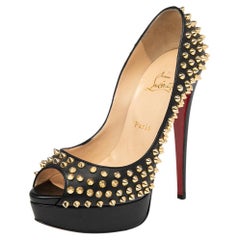 Christian Louboutin Black Leather Lady Peep Toe Spike Platform Pumps Size 38.5