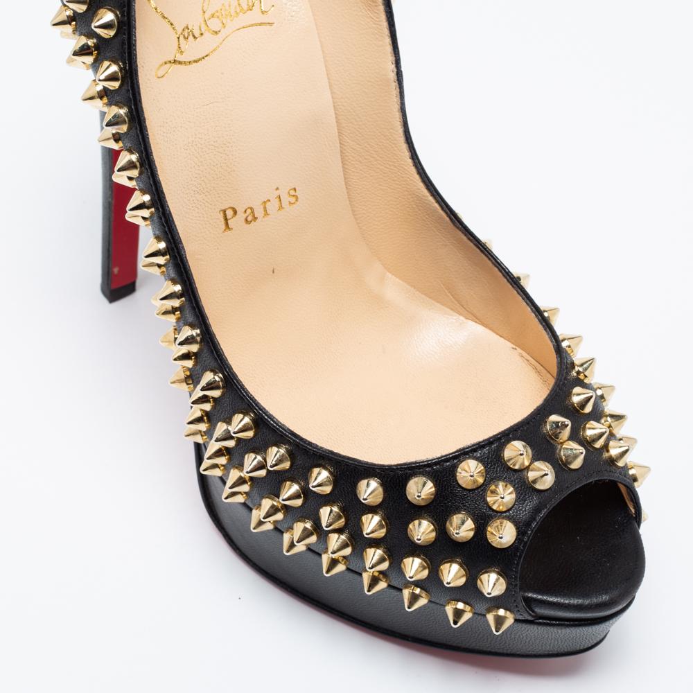 Women's Christian Louboutin Black Leather Lady Peep-Toe Spikes Platform Pumps Size 37