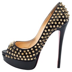 Used Christian Louboutin Black Leather Lady Peep-Toe Spikes Platform Pumps Size 37