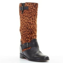 CHRISTIAN LOUBOUTIN black leather leopard calf hair flat tall Moto boot EU35