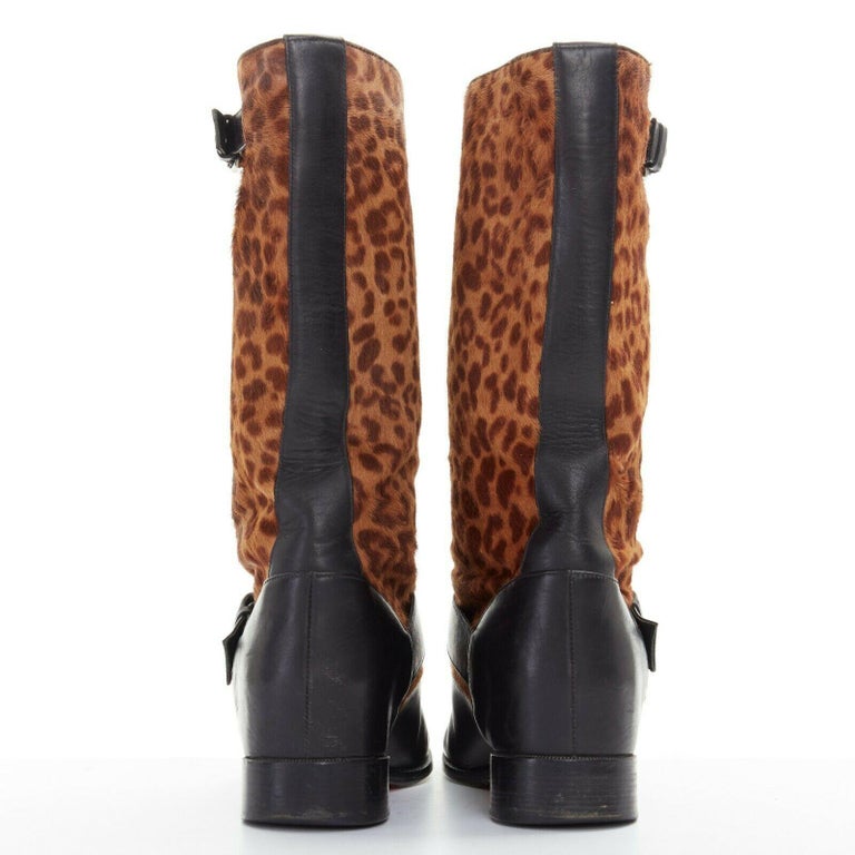 CHRISTIAN LOUBOUTIN black leather leopard calf hair flat tall Moto boot ...