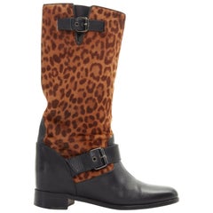 CHRISTIAN LOUBOUTIN black leather leopard calf hair flat tall Moto boot EU35