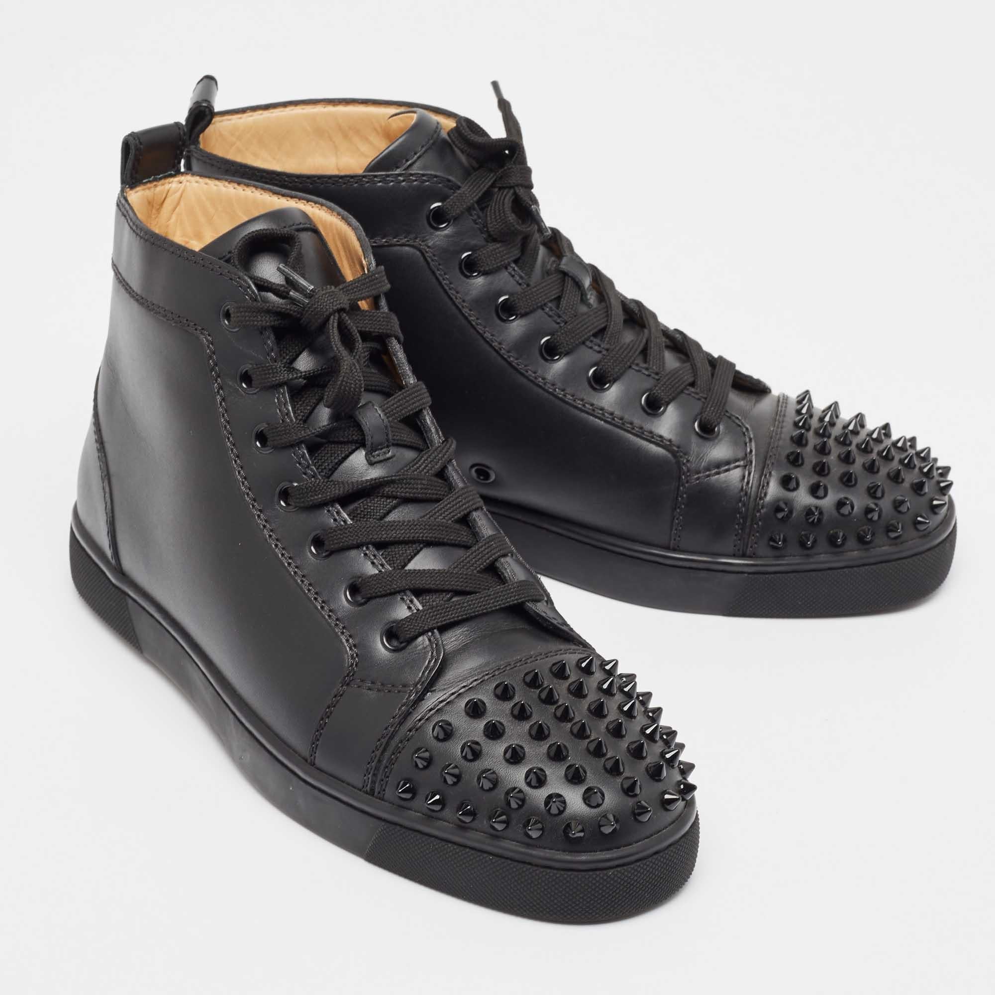 Men's Christian Louboutin Black Leather Lou Spikes High Top Sneakers Size 42 For Sale