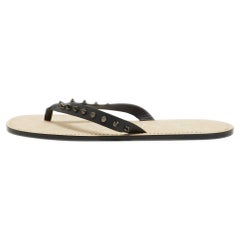 Used Christian Louboutin Black Leather Loubi Flip Spikes Thong Flat Slides Size 44
