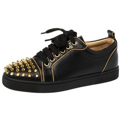 Christian Louboutin Black Leather Louis Junior Spikes Low Top Sneakers Size 35