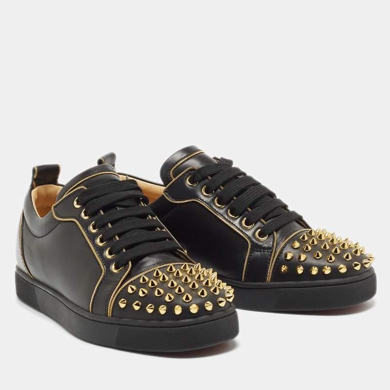 Women's Christian Louboutin Black Leather Louis Junior Spikes Low Top Sneakers Size 36.5
