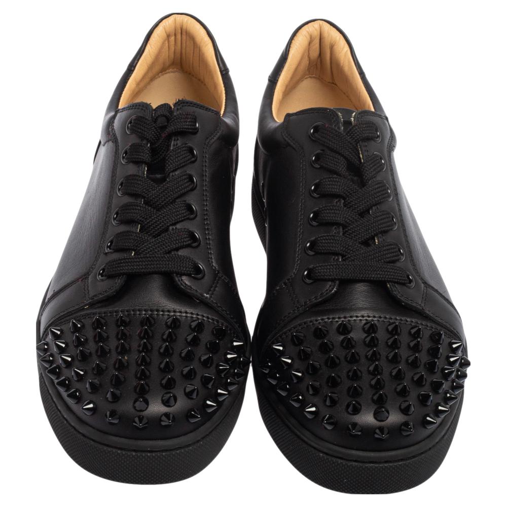 Women's Christian Louboutin Black Leather Louis Junior Spikes Low Top Sneakers Size 38