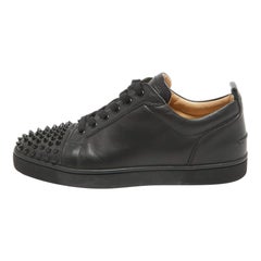 Christian Louboutin Black Leather Louis Junior Spikes Low Top Sneakers Size 40.5