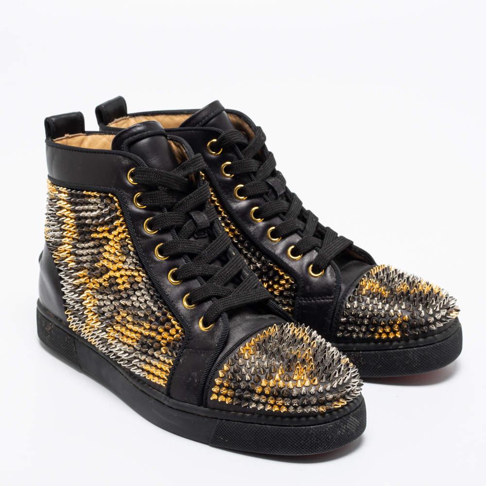 Christian Louboutin Black Leather Louis Spikes High-Top Sneakers Size 36.5 In Good Condition In Dubai, Al Qouz 2