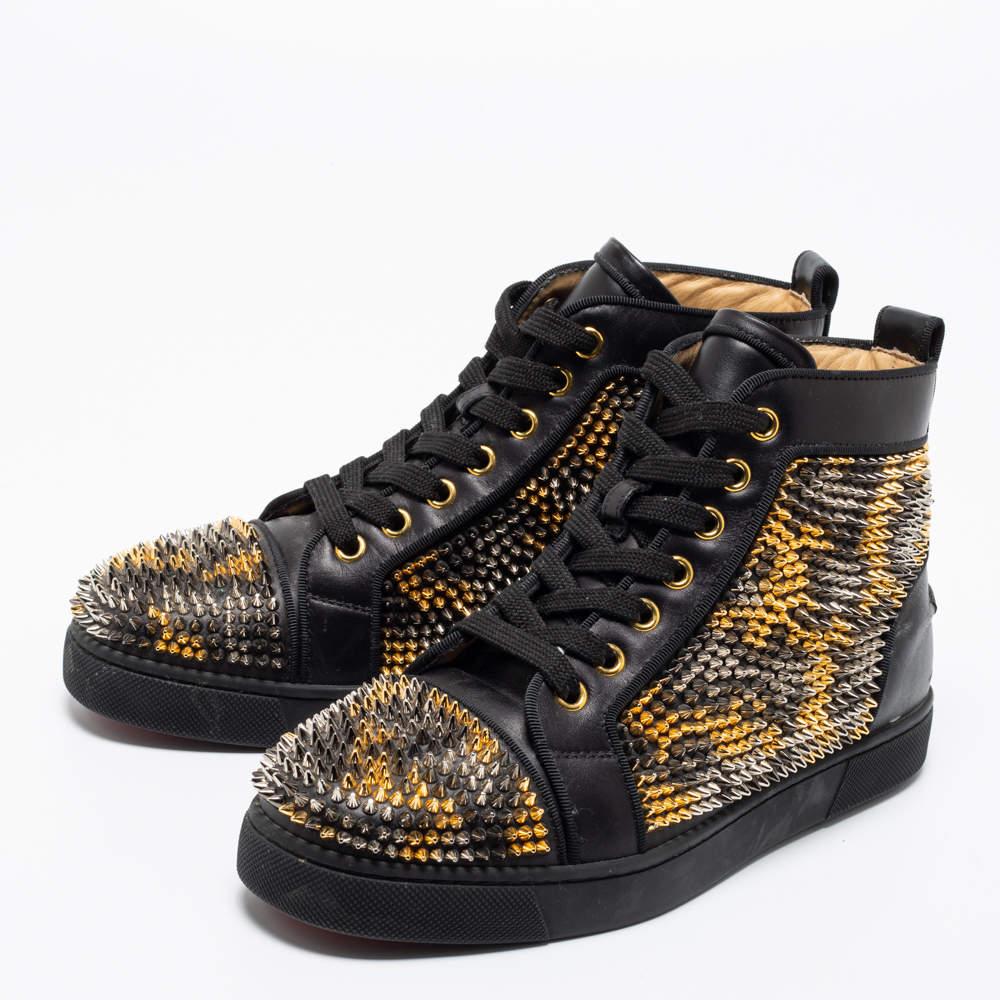 Women's Christian Louboutin Black Leather Louis Spikes High-Top Sneakers Size 36.5 For Sale