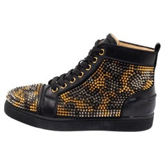 Used Christian Louboutin Black Leather Louis Spikes High-Top Sneakers Size 36.5