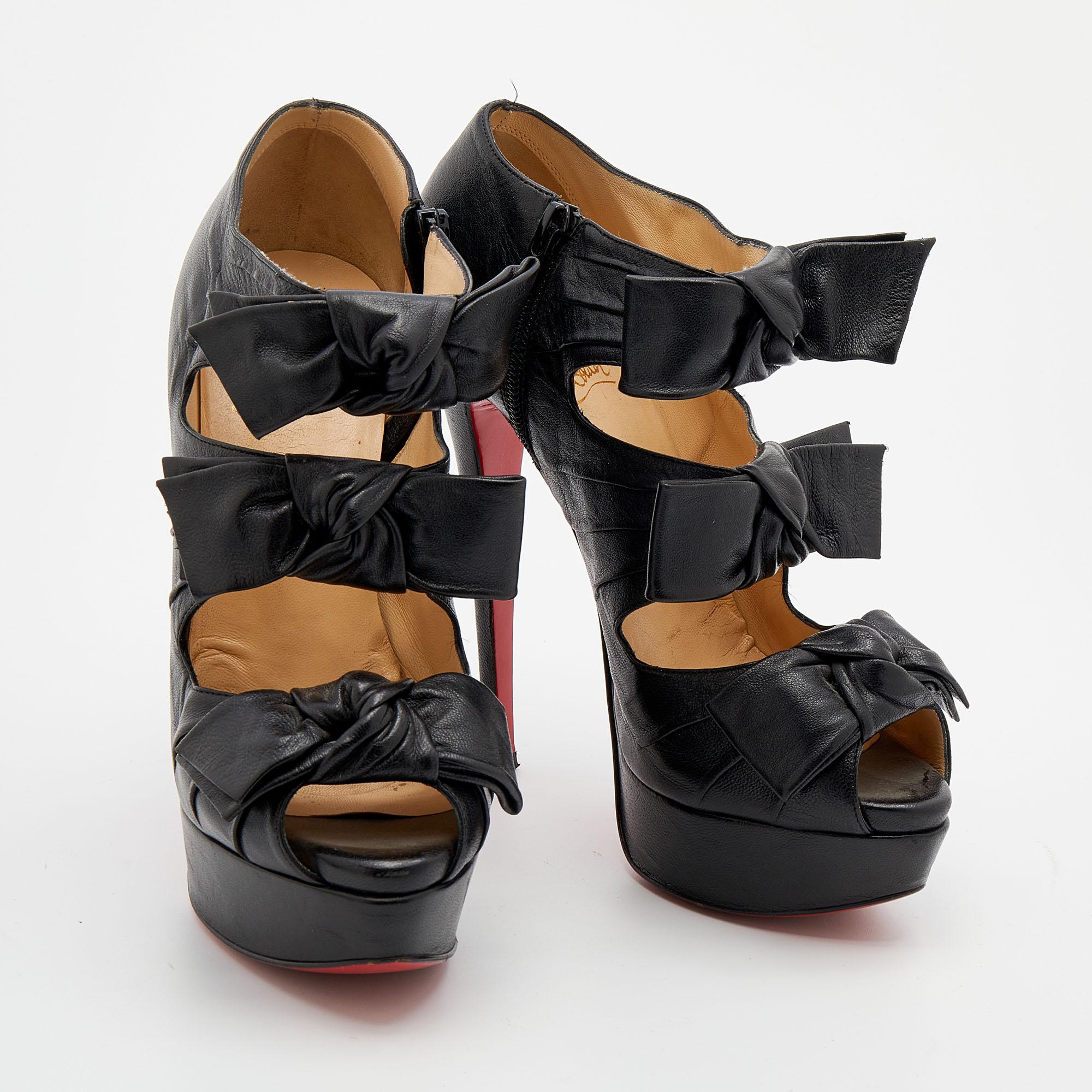 Women's Christian Louboutin Black Leather Madame Butterfly Platform Booties Size 37 For Sale
