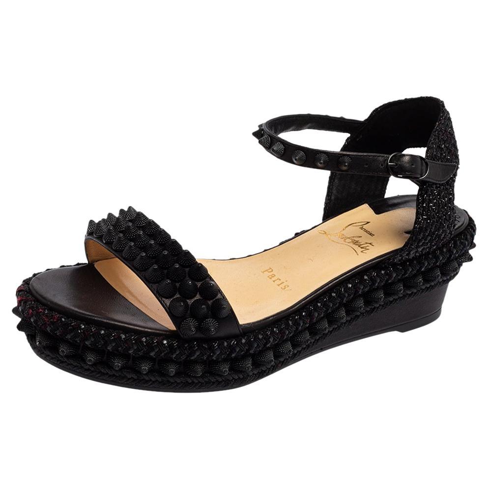 Christian Louboutin Black Leather Madmonica 60 Spiked Espadrille Sandals Size 36