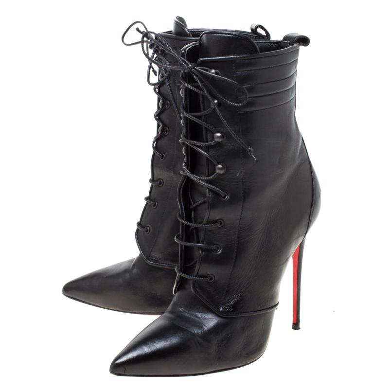 Women's Christian Louboutin Black Leather Mado Pointed Toe Lace Up Ankle Boots Size 35