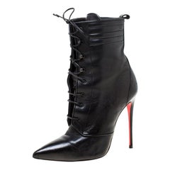 Christian Louboutin Black Leather Mado Pointed Toe Lace Up Ankle Boots Size 35