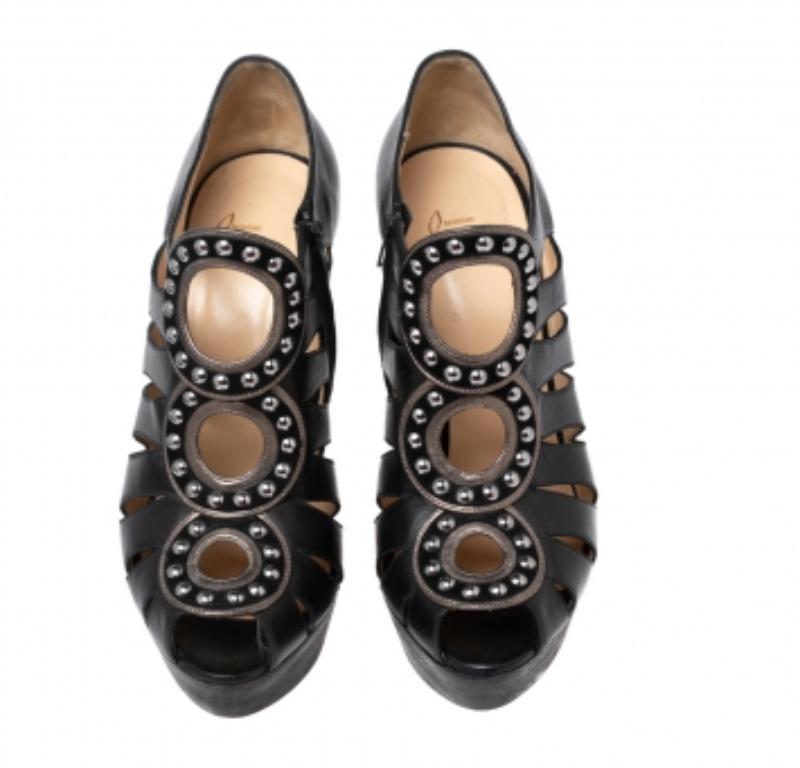 Women's Christian Louboutin Black Leather Maralla Studded Cutout Booties Size 38.5 For Sale