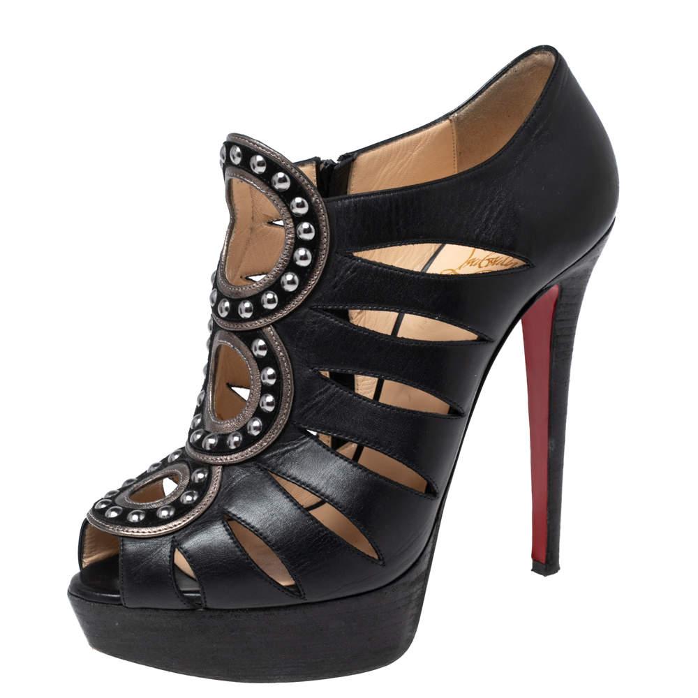 Christian Louboutin Black Leather Maralla Studded Cutout Booties Size 38.5 For Sale 4