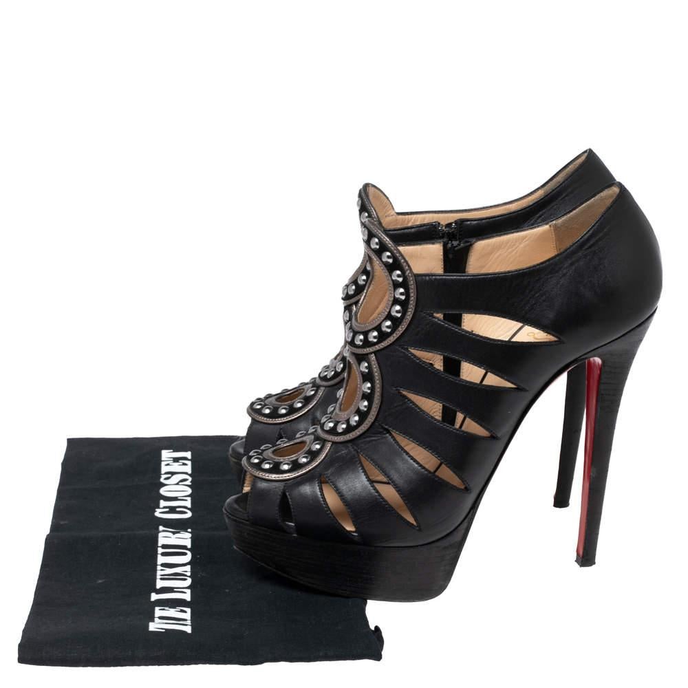 Christian Louboutin Black Leather Maralla Studded Cutout Booties Size 38.5 For Sale 5