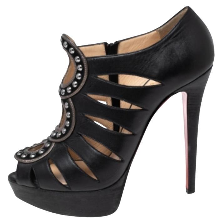 Christian Louboutin Black Leather Maralla Studded Cutout Booties Size 38.5 For Sale