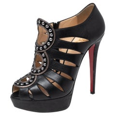 Used Christian Louboutin Black Leather Maralla Studded Cutout Booties Size 38.5