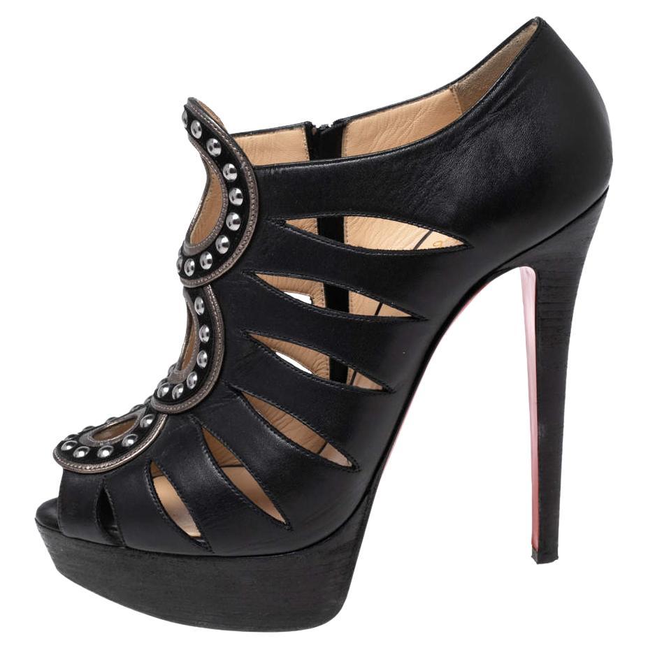Christian Louboutin Black Leather Maralla Studded Cutout Booties Size 38.5 For Sale