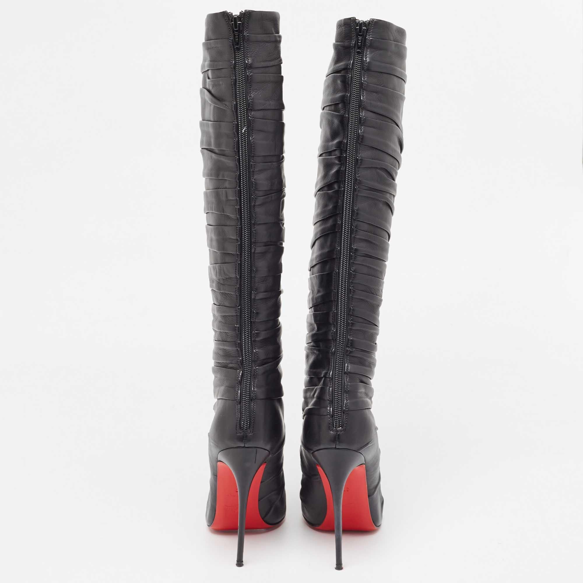 Christian Louboutin Black Leather Mervillon Knee Boots Size 37 In Good Condition For Sale In Dubai, Al Qouz 2