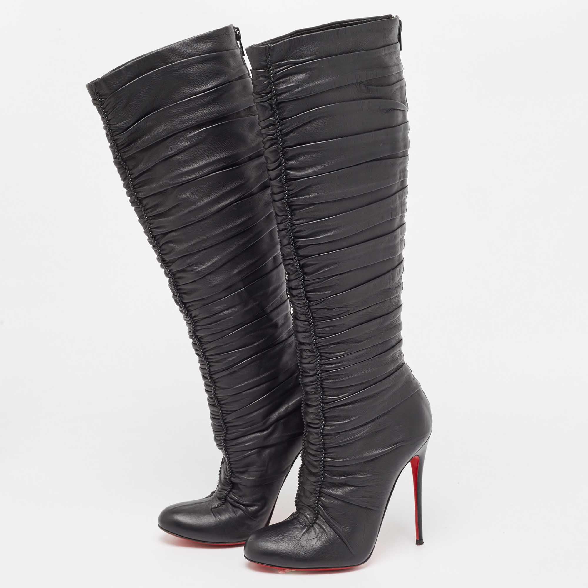 Women's Christian Louboutin Black Leather Mervillon Knee Boots Size 37 For Sale