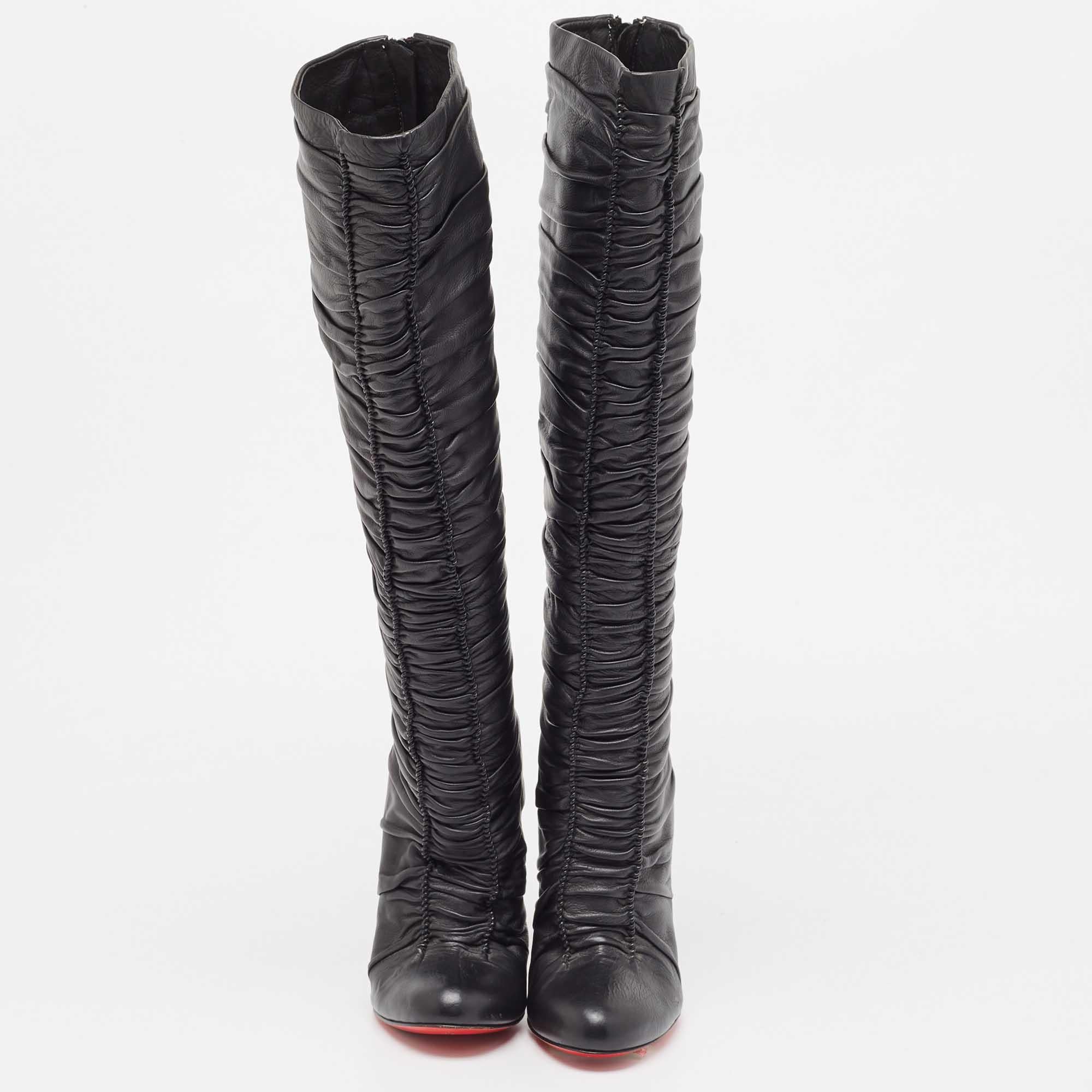 Women's Christian Louboutin Black Leather Mervillon Knee Boots Size 37