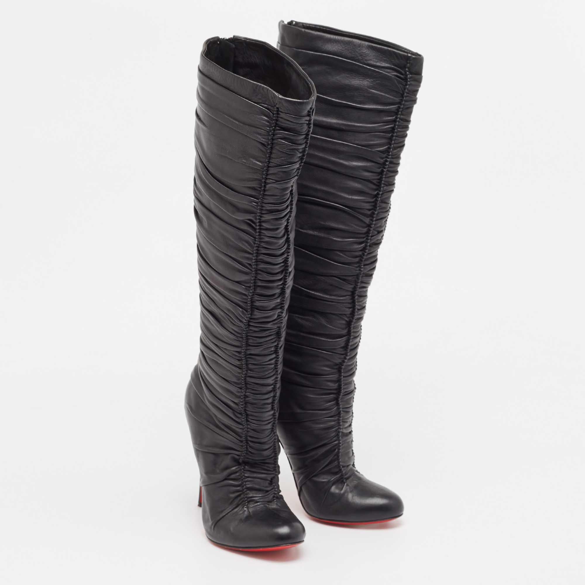 Christian Louboutin Black Leather Mervillon Knee Boots Size 37 For Sale 1