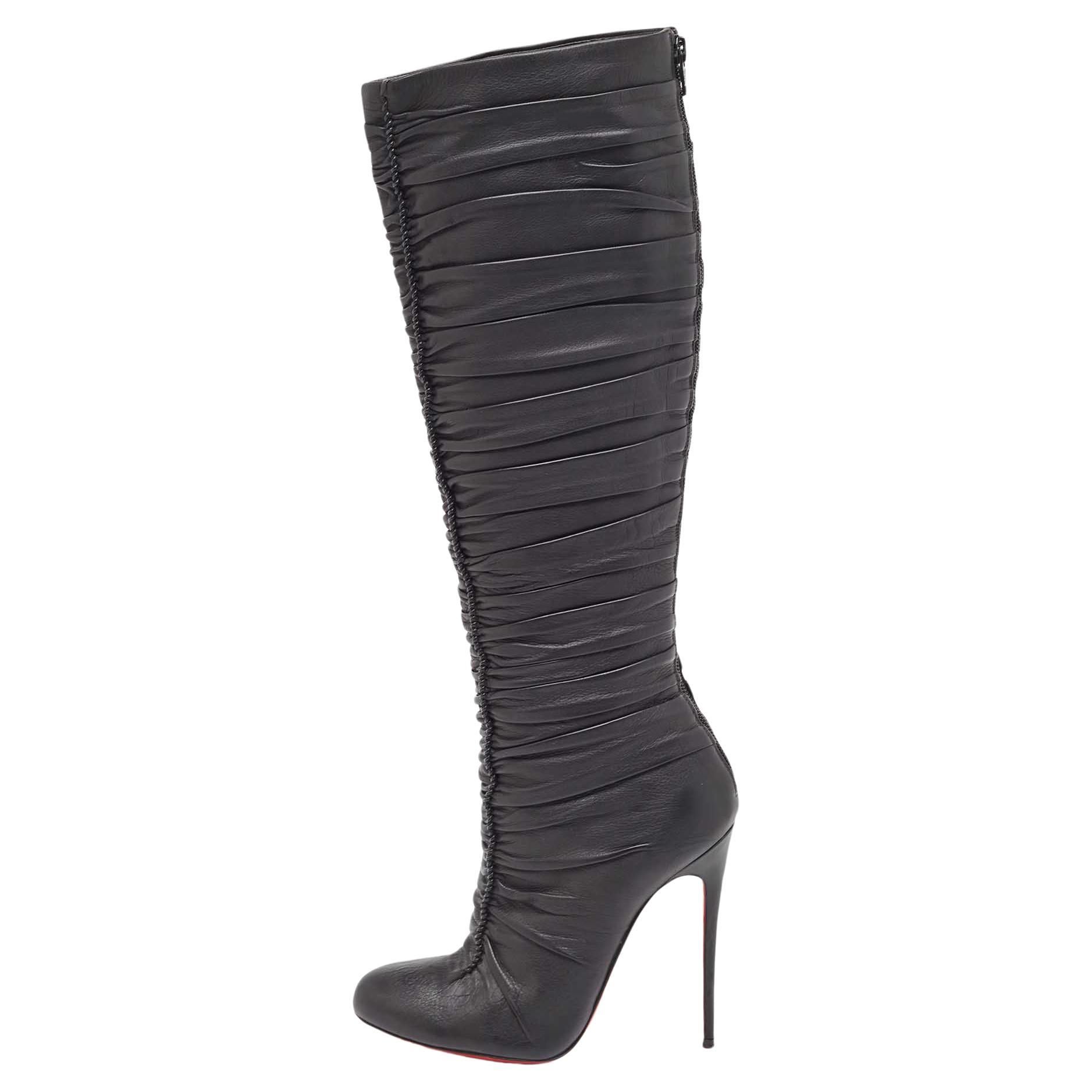 Christian Louboutin Black Leather Mervillon Knee Boots Size 37 For Sale