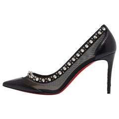 Christian Louboutin Black Leather Mesh Galativi Spike Pumps Size 37.5