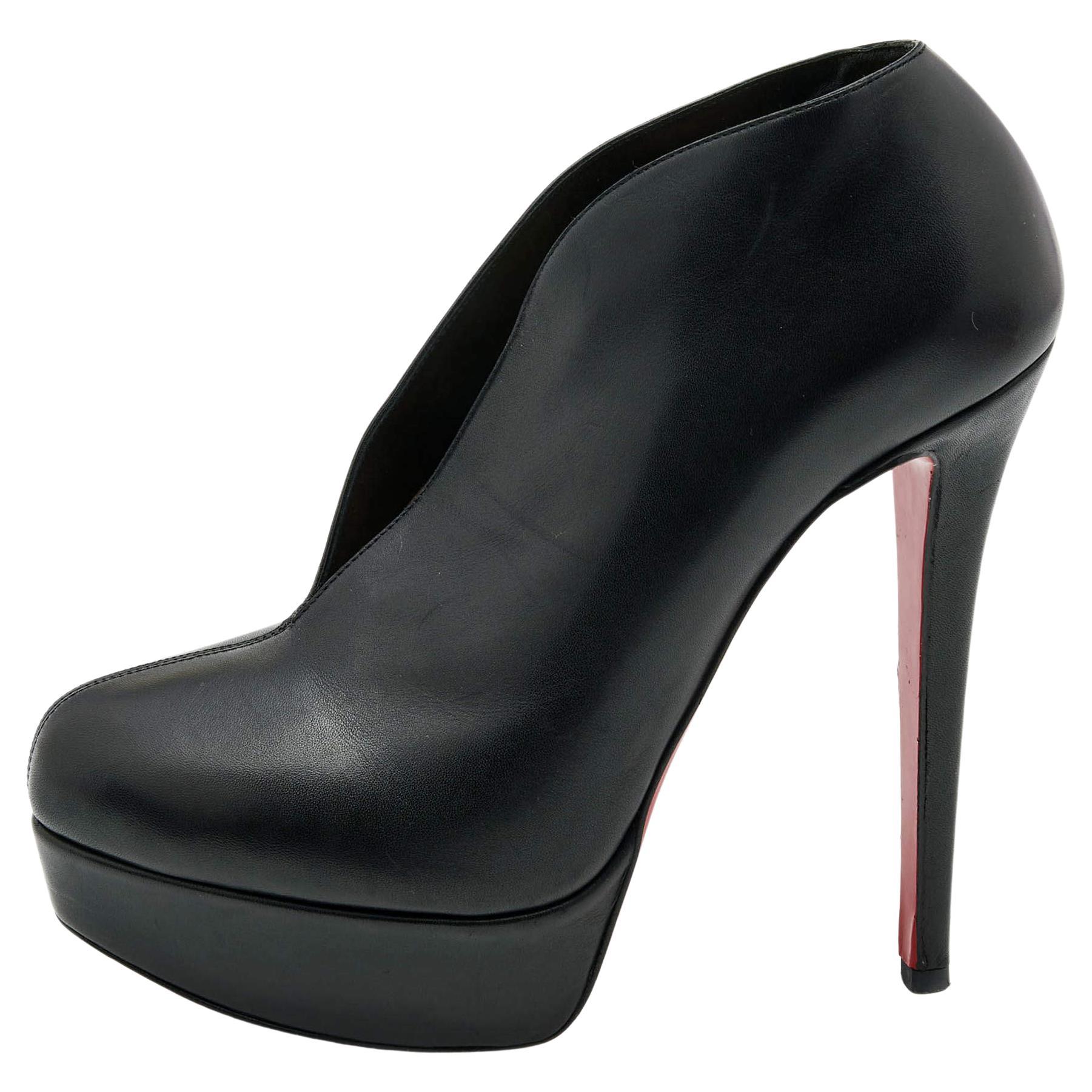 Christian Louboutin Black Leather Miss Fast Plato Platform Ankle Booties Size 38 For Sale