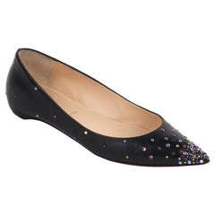 CHRISTIAN LOUBOUTIN Black Leather Multicolor Crystal Pointed Toe Ballet Flats